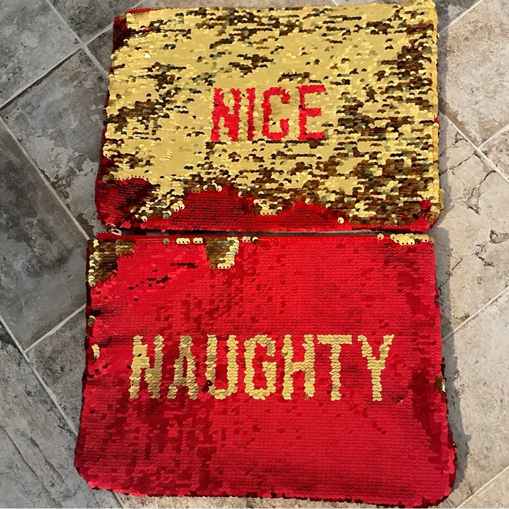 Reversible Sequin Make-up travel bag small clutch Naughty or Nice